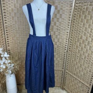 Navy Blue Overall Midi Skirt Denim Dress